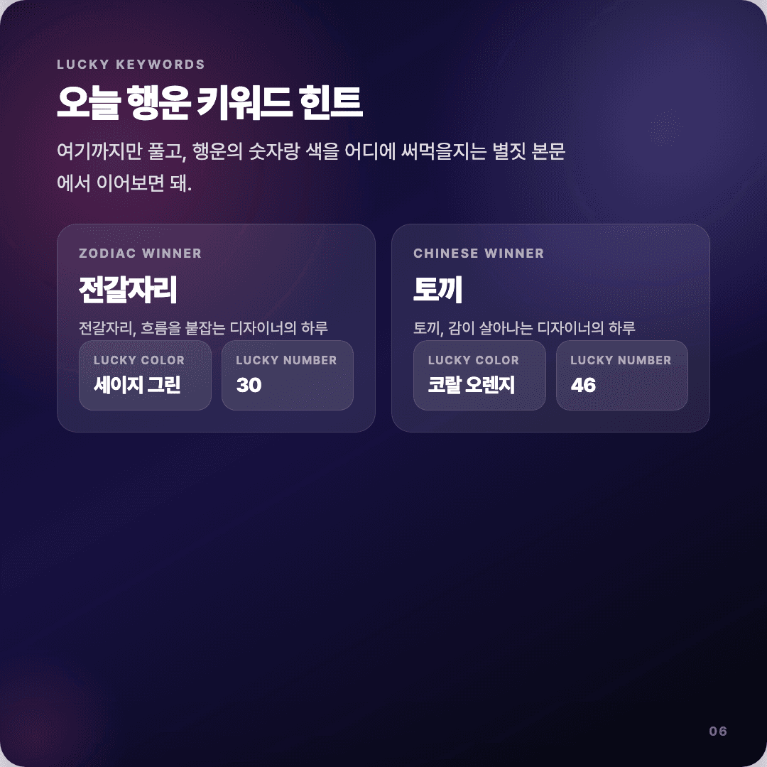 2026-04-13 디자이너 운세 카드뉴스 | 오늘 별자리 1위는 전갈자리 슬라이드 6/7