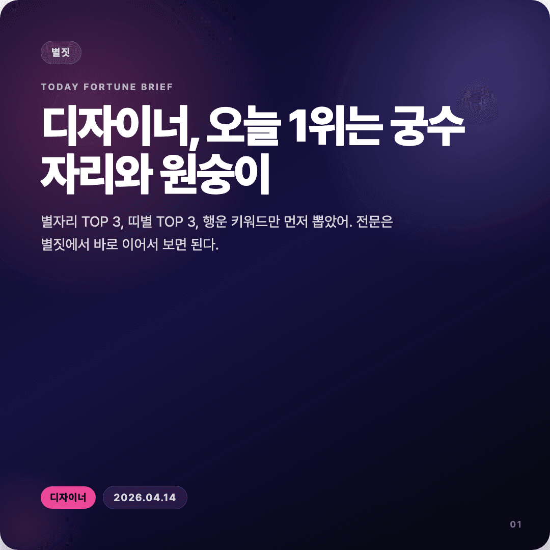 2026-04-14 디자이너 운세 카드뉴스 | 오늘 별자리 1위는 궁수자리 슬라이드 1/7