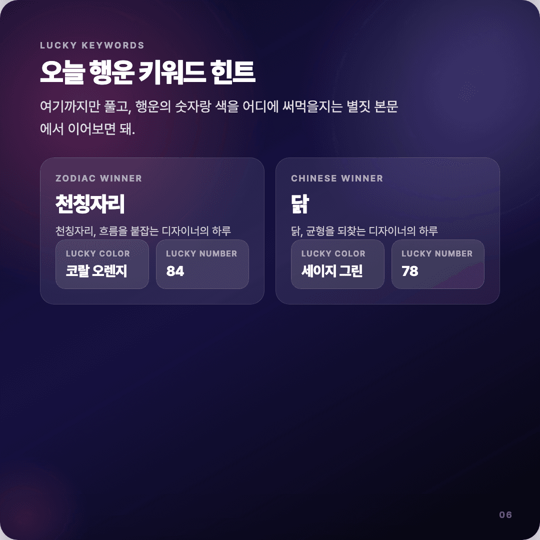 2026-04-15 디자이너 운세 카드뉴스 | 오늘 별자리 1위는 천칭자리 슬라이드 6/7